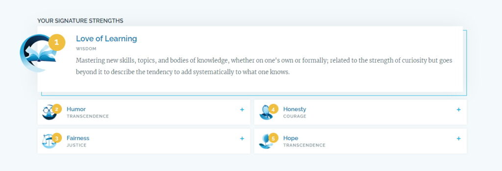 VIA character survey signature strengths