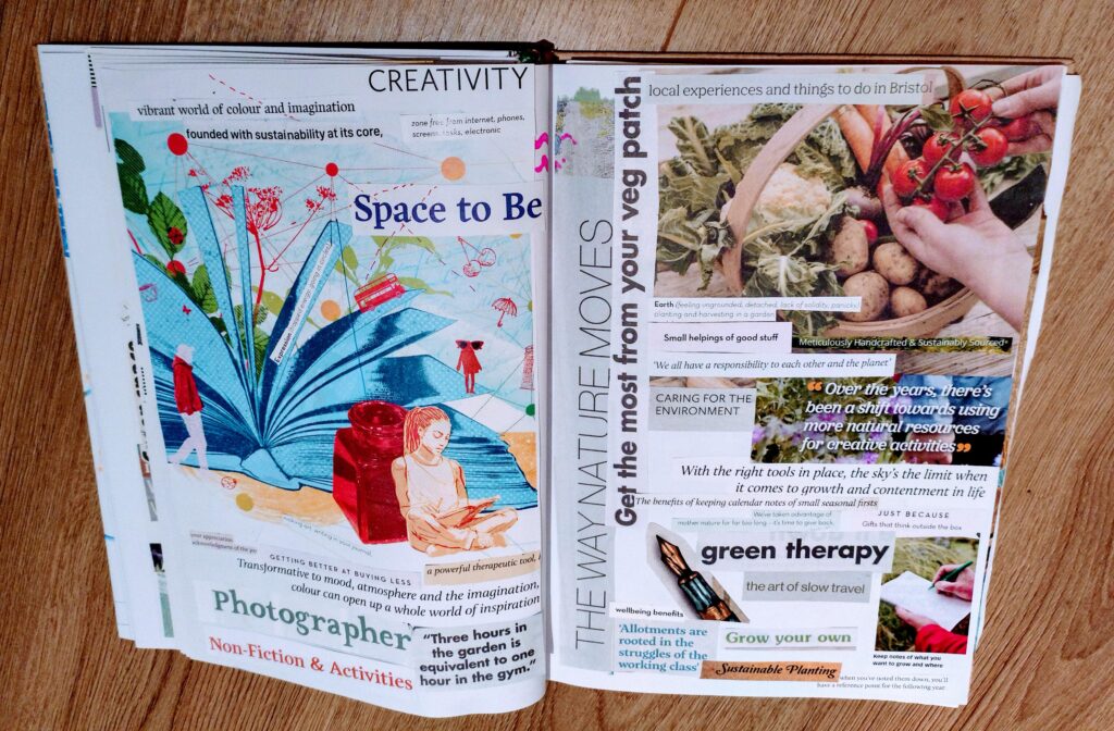 Vision board inside a book with images of green space, creativity and inspiration
